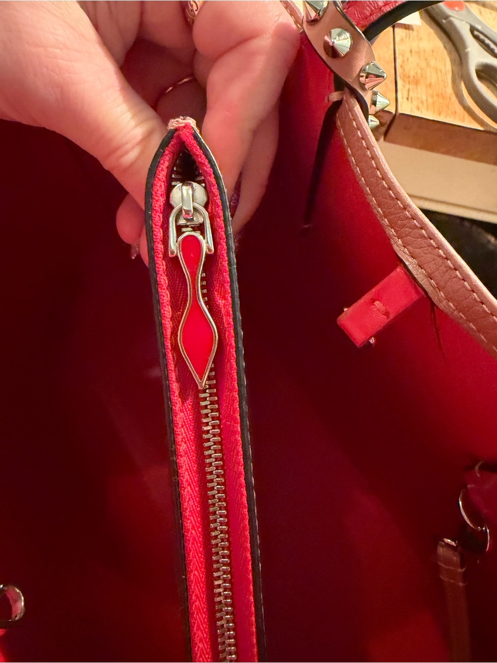 Christian Louboutin Brown Stud-Trim Leather Tote with Red Base - Picture 5 of 10